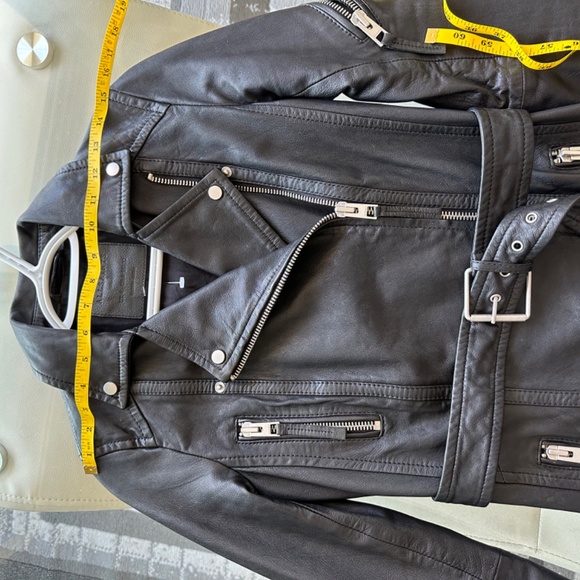 AllSaints Asker black Leather biker jacket trench leather jacket size 0 - Picture 9 of 14